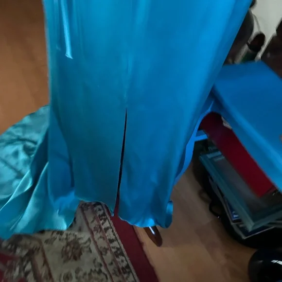 Turquoise Blue Silk Corset Halter Evening Prom Gown - Picture 14 of 16